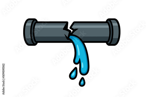 Broken pipe leaking water vector illustration, cartoon style, water leakage concept, plumbing damage, repair and maintenance, plumbing app, isolated transparent background graphic design