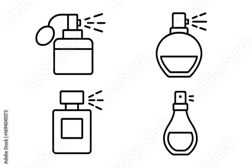 Set of perfume bottle line icons. Fragrance, scent, cologne spray pictogram collection. Minimalist outline vector illustration for beauty, cosmetics, fashion and spa concepts.