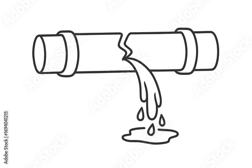Broken water pipe leak vector illustration, cartoon style broken plumbing pipe with flowing water drops, plumbing damage concept, water leakage repair, pipe rupture graphic