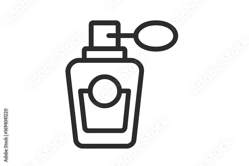 Perfume bottle icon with vintage atomizer. Cosmetic fragrance symbol. Beauty and glamour concept. Luxury scent flacon pictogram. Aroma spray illustration. Minimal outline vector.