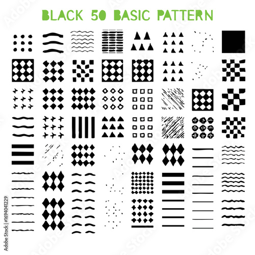 Collection of fifty basic black and white hand drawn patterns and textures