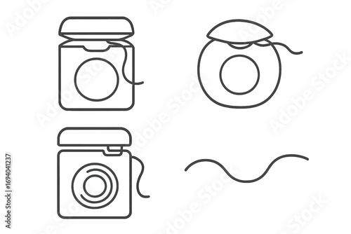 Linear vector illustration of dental floss container with open lid and floss thread, oral hygiene dental care concept, dental floss set for health and cleaning