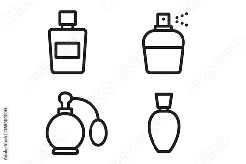 Perfume bottle line icon set. Vector pictogram collection for web design. Cosmetic fragrance spray, atomizer, and flacon symbols. Minimalist beauty product illustration.
