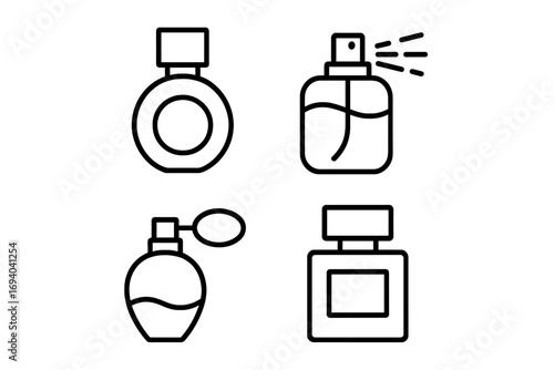 Perfume bottle line icon set. Fragrance spray and cologne pictogram collection. Beauty cosmetic product symbol. Minimalist vector illustration for web and graphic design.