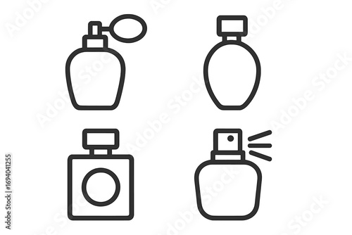 Perfume bottle icon set. Minimalistic outline vector illustration for web and graphic design. Fragrance, cosmetic, and beauty symbols. Spray, atomizer, and flacon shapes.