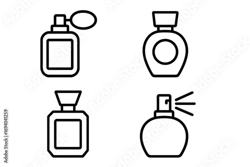 Set of perfume outline icons. Fragrance and scent symbols. Cologne spray, atomizer, and cosmetic flacon silhouettes. Vector line art for beauty products, web, and graphic design.