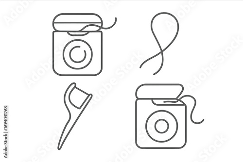 Linear vector set of dental floss icons with container and floss thread, oral hygiene dental care concept, cartoon style illustration for apps and graphics design