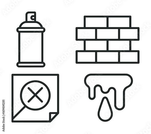 Graffiti elements: spray can, brick wall, error icon, dripping paint