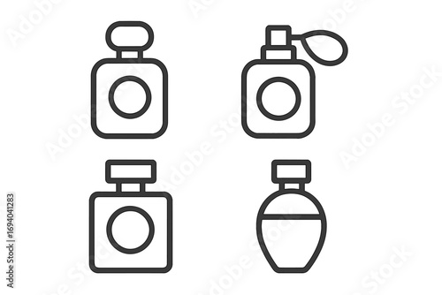 Perfume bottle outline icon set. Minimalistic line art for cosmetics, fragrance, and beauty products. Vector graphic for web design, app, deodorant, and scent spray.