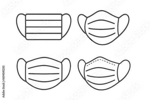 Medical face mask icon set. Thin line art collection of surgical masks for virus, flu, pollution protection. Vector illustration for health, safety, hygiene, pandemic concepts.
