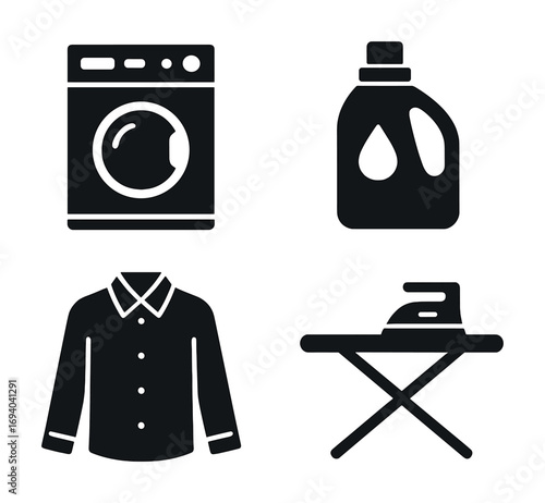 Laundry icon set: washer, detergent, shirt, ironing board