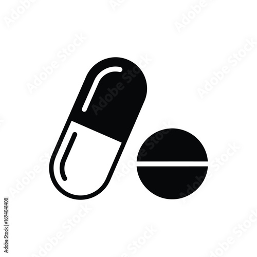 Black and white illustration of a capsule and a tablet symbolizing healthcare and medication