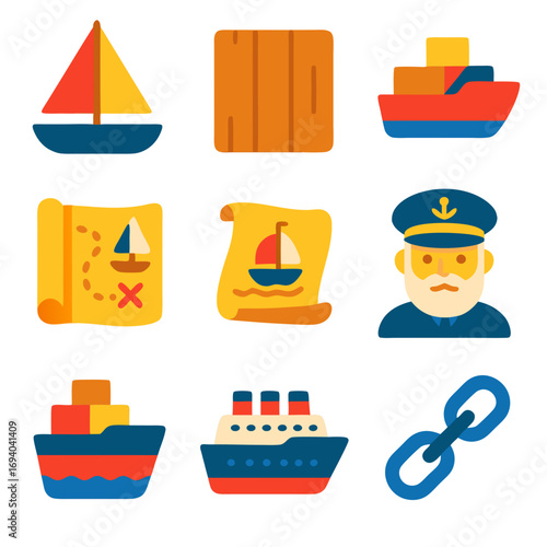 Ship nautical icons suitable for maritime industry designs. Boats, treasure, and captain elements perfect for shippingrelated projects and graphics.