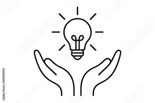 Concept of a new idea, creativity, and innovation. Open hands holding a light bulb. Symbol of solution, knowledge, invention, and inspiration. Outline vector icon for business.