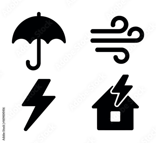 Weather icons: umbrella, wind, lightning, and storm house in black and white