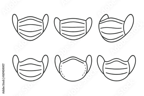 Medical face mask line icon set. Surgical mask outline symbol collection. Health care safety sign. Virus protection, flu, dust, covid-19 prevention vector graphic element.