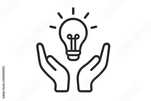 New idea symbol. Open hands holding lightbulb. Concept of creativity, innovation, inspiration, problem solving. Metaphor for knowledge, invention, business solution, brainstorming.