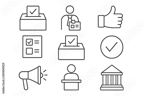 Election day and political voting line icon set. Government, democracy, and campaign concepts. Ballot box, poll, speaker, and checkmark vector symbols for web design.