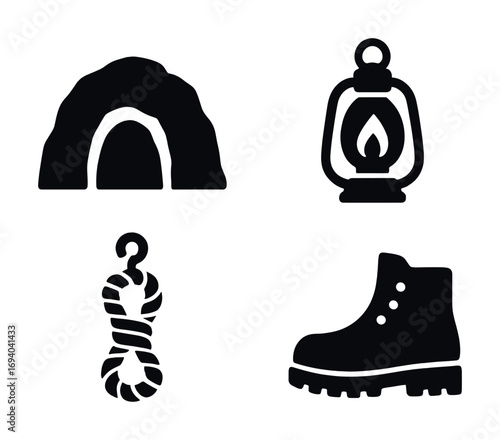 Caving gear icons: cave, lantern, rope, boot silhouettes for outdoor adventure