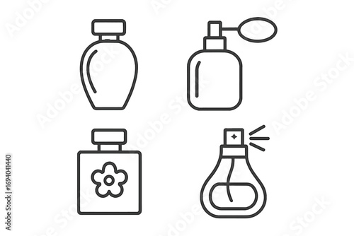 Perfume bottle line icon set. Fragrance spray and atomizer collection. Vector outline symbols for cosmetics, beauty, and scent products. Simple minimal pictogram for web design.