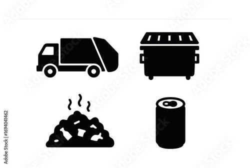 Solid waste management: truck, dumpster, trash, can symbols for recycling and disposal