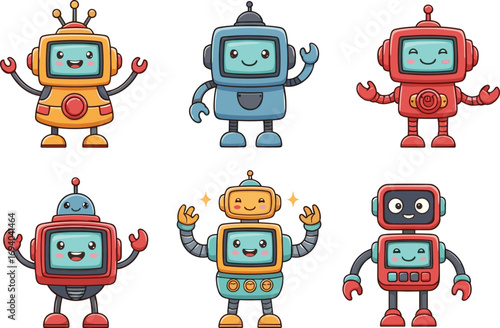 Cartoon robot characters with colorful bodies, smiling faces, raised arms, and unique designs for kids, mascot, tech, AI, and education themes