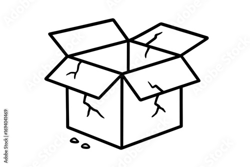 Broken box illustration with cracks, open flaps, and damage. Line art vector graphic concept for packaging, shipping, fragile items, damaged carton design, transparent background