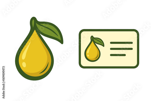 Water drop olive oil logo with green leaf, vector cartoon illustration for business card design, organic oil branding, fresh natural product identity with transparent background