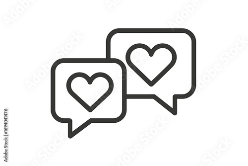 Love chat icon. Two speech bubbles with hearts. Romantic message, dialogue, communication concept. Dating app symbol. Social media like, favorite, feedback vector design.