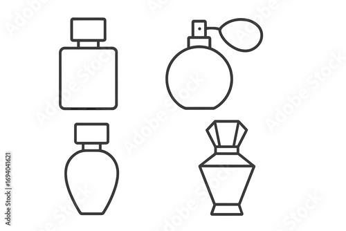 Perfume bottle outline icon set. Simple linear collection of fragrance, scent, and cosmetic spray bottles. Vector illustration for beauty and fashion concepts. Editable stroke.