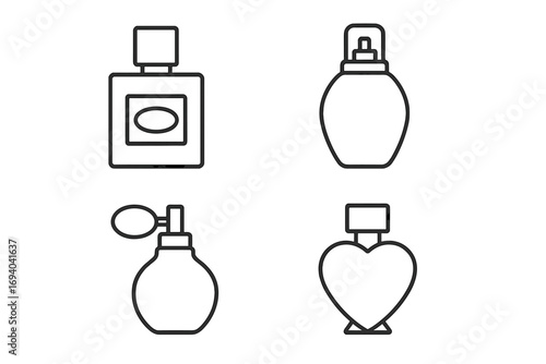 Perfume bottle line icon set. Fragrance, scent, and cologne linear symbols. Vector outline illustration with editable stroke for beauty, cosmetic, and aromatherapy concepts.