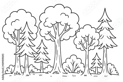 Vector line art of diverse trees in forest landscape, simple black and white cartoon illustration for design and graphics, transparent background, nature scene, outdoor elements