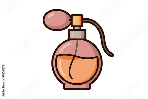 Vintage perfume bottle icon with atomizer spray. Vector cartoon illustration. Fragrance, scent, and aroma concept. Beauty, cosmetics, and fashion graphic. Retro glamour object.