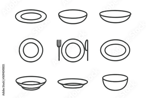 Plate and bowl line icon set. Minimal outline pictogram for web and graphic design. Vector illustration for restaurant menu, food service, dinner, kitchen, and dining concepts.