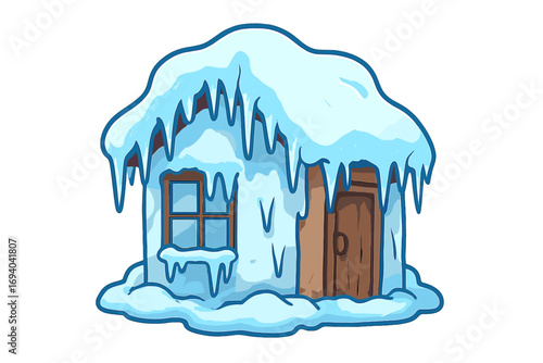Frozen house covered in deep snow and icicles. Winter season, cold weather concept. Cartoon vector illustration of a snowbound home. Icon for blizzard, frost, cooling.