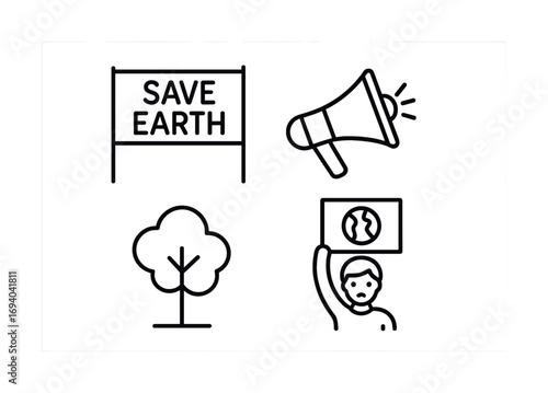 Climate awareness symbols of activism: save earth, protest, megaphone, tree
