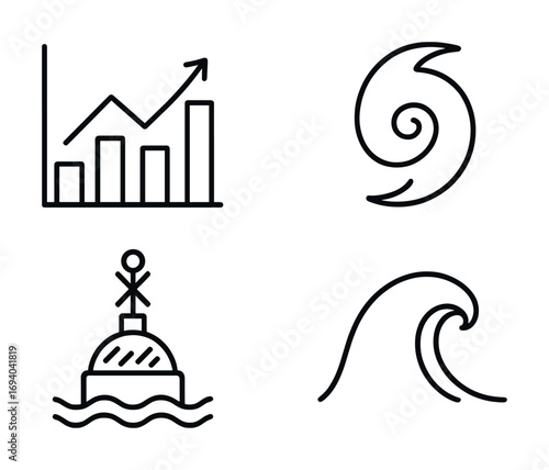 Monochrome icons: graph, cyclone, buoy marker, and ocean wave