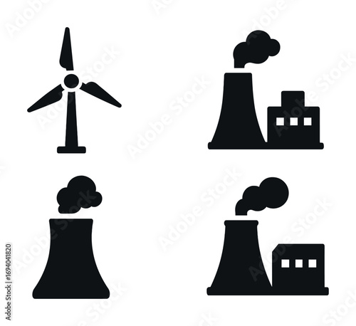 Wind turbine and factory silhouettes with smoke emissions
