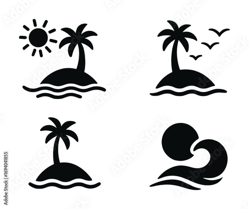 Tropical island icons with palm trees, waves, sun, and birds