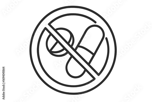 No drugs line icon. Pills prohibited symbol. Stop drug abuse concept. Anti-doping sign. Medicine and pharmacy forbidden vector. Addiction and healthcare warning illustration.