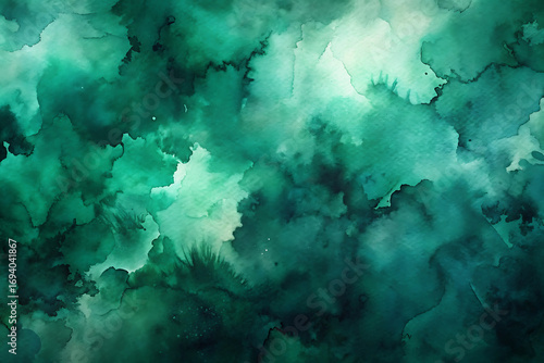 An abstract watercolor painting featuring a blend of deep emerald green and lighter shades, creating a dreamy and ethereal atmosphere with fluid brushstrokes and textures