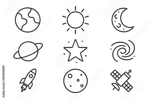 Cosmos line icon set. Space outline symbols for web and graphic design. Planet, sun, moon, star, rocket, satellite, galaxy. Astronomy science minimal vector illustration.