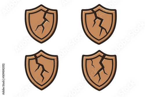 Broken shield icon set for game UI. Cracked defense symbol. Metaphor for vulnerability, risk, security failure. Damaged protection badge vector. Cartoon fantasy asset.