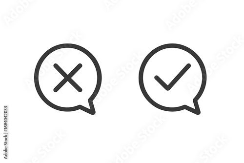 Yes and No icon set. Check and cross mark in speech bubble. Correct and incorrect, approve and reject symbols. Vote, feedback, survey, and choice concept vector icons.