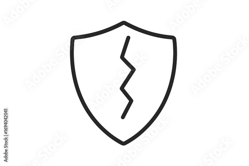 Cracked shield icon vector. Broken protection and security symbol. Unsafe, insecure, vulnerable concept. Data breach, cyber attack, privacy risk metaphor illustration.