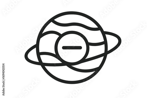 Minus symbol by planet outline, space icon for graphic design, web, apps, adverts, cards, vector illustration, celestial astronomy concept with circular orbit ring