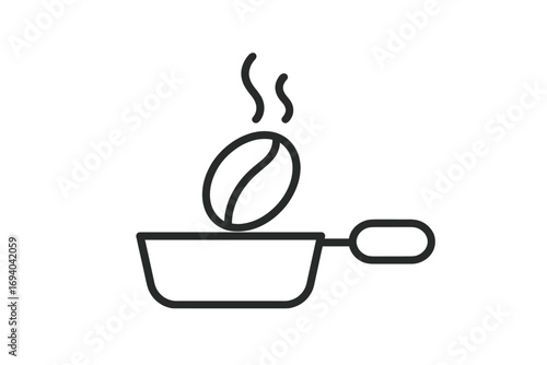 Roasted coffee bean line art icon. Vector symbol of fresh coffee roasting in a pan or portafilter with steam. Minimal design for cafe menu, espresso, and caffeine concepts.