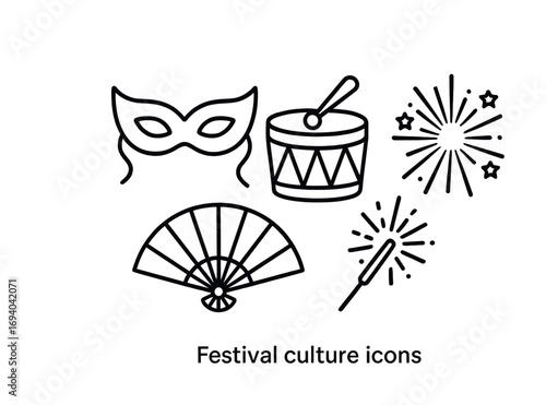 Festival culture icons: mask, drum, fireworks, fan, sparkler symbols