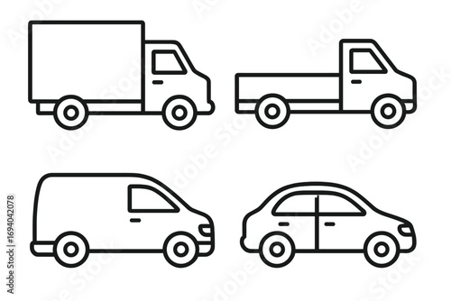 Car, truck, van, and pickup vehicle outline icon set. Simple linear vector illustration for delivery, transport, and logistics concepts. Editable stroke line art symbols.