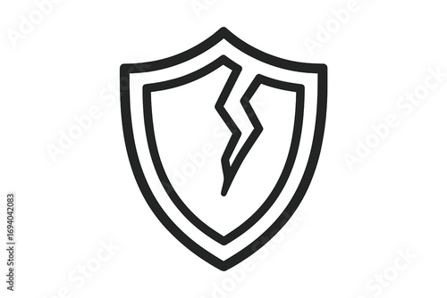 Cracked shield icon. Vector concept of vulnerability, security breach, cyber attack. Symbol of broken defense, data leak, risk, privacy issue, insecure system, and failure.